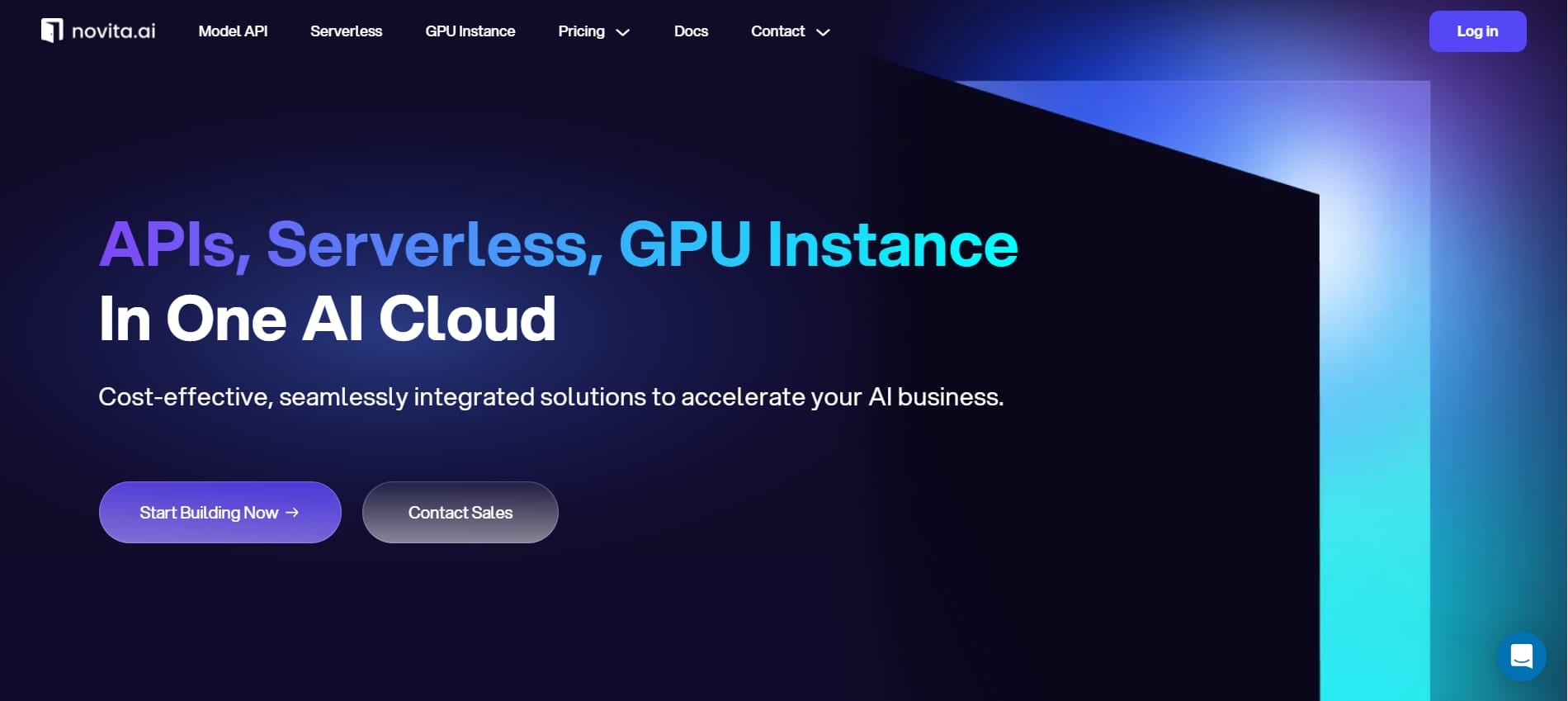 Novita AI GPU landing page 