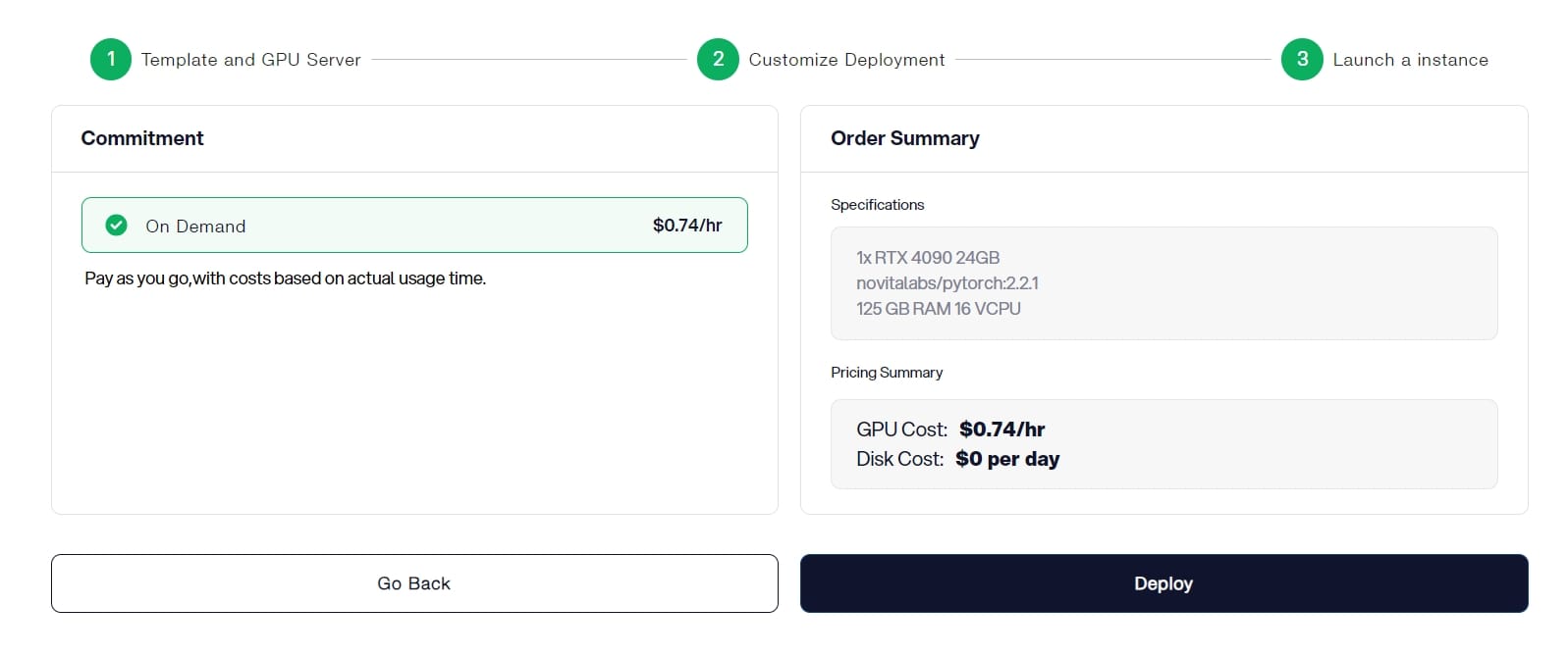 Novita AI GPU Instance template page