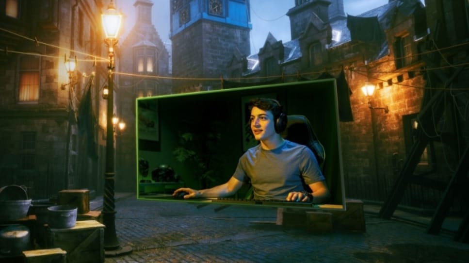 A boy wearing headphones is sitting on a chair in front of a computer with a backdrop of a range of magical castle