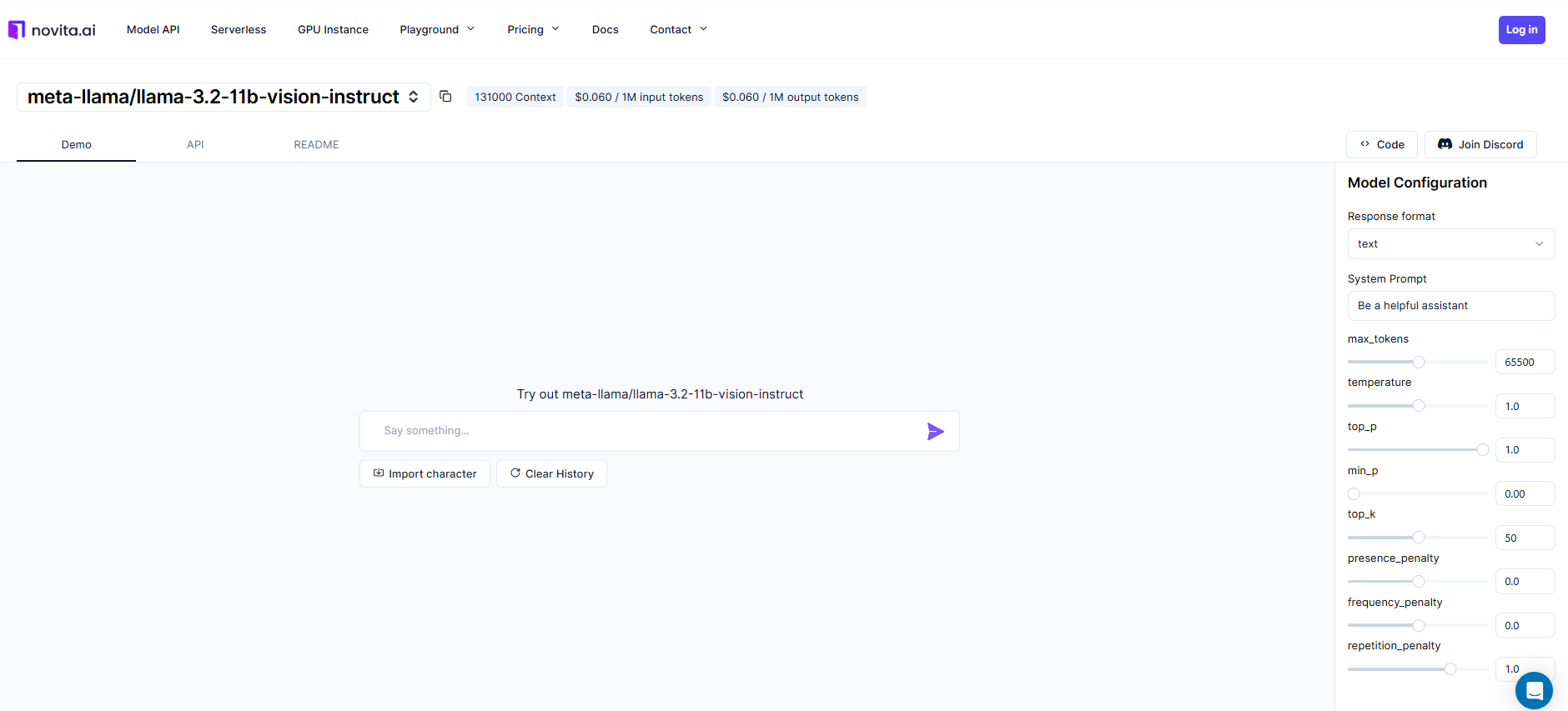 Novita AI Llama 3.2 playground screenshoot